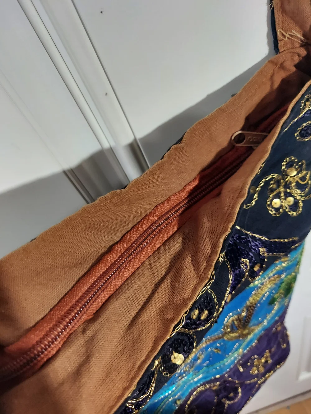 Embroidered Multicolor Hobo Bag - Blue, Purple, Black